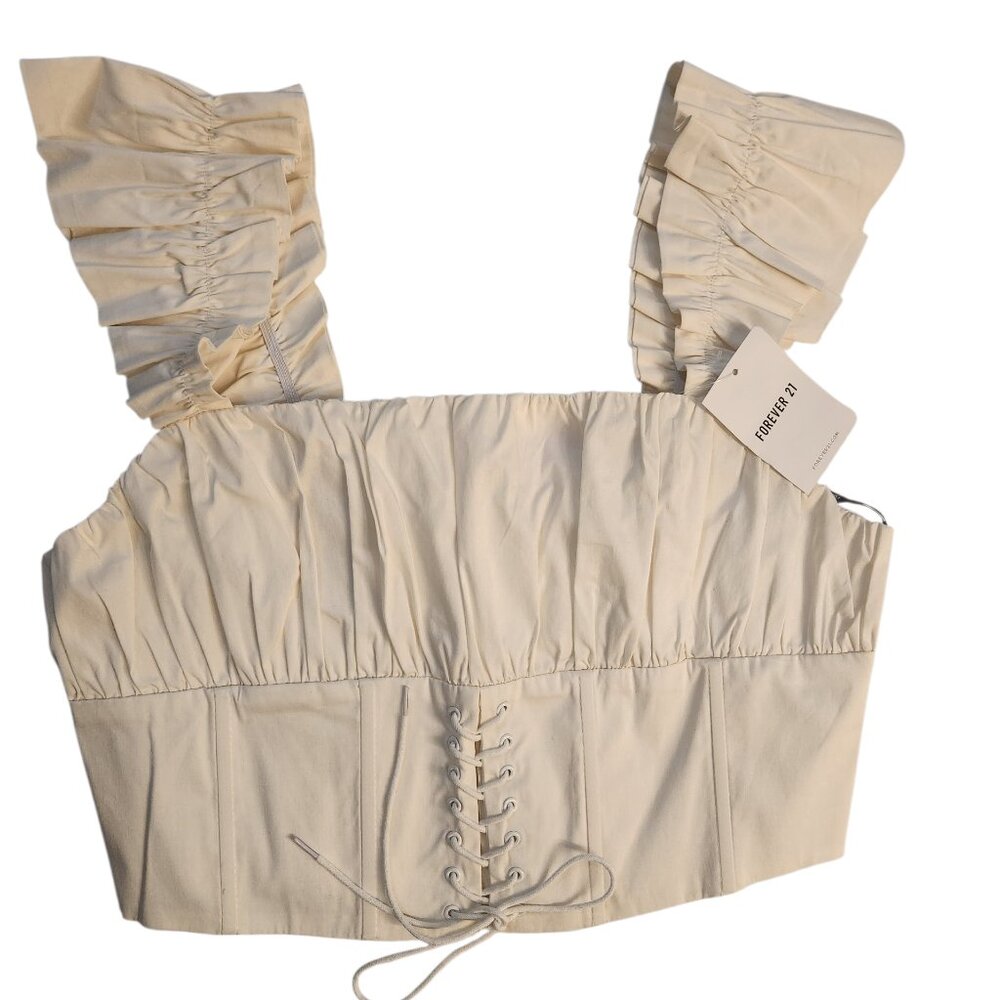 NWT Forever 21 Crop Top Sleeveless Off White Ivory Size L Ruffle Tie